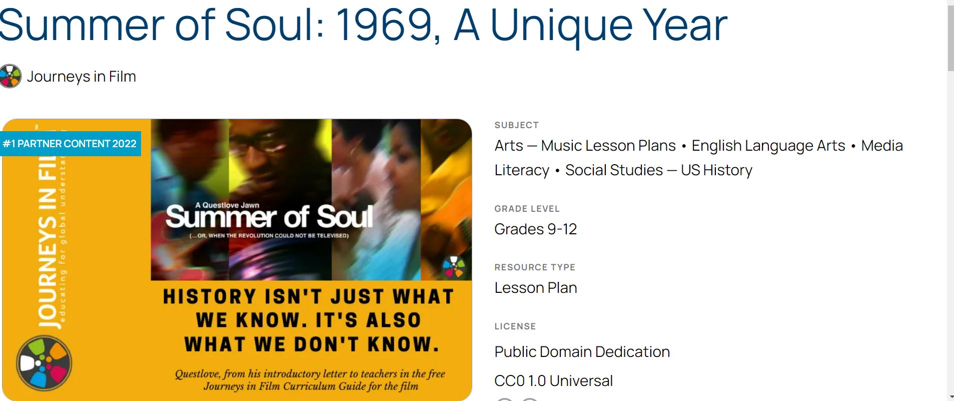 Screenshot of the Share My Lesson page recognizing the Summer of Soul lesson as #1 partner content of the year.