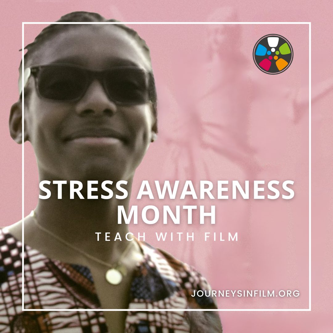 Isaac Vergun, a young Black man who is one of the plaintiffs in the Youth v Gov documentary, wears sunglasses and smiles. Text over a pink background says: "Stress Awareness Month. Teach With Film."