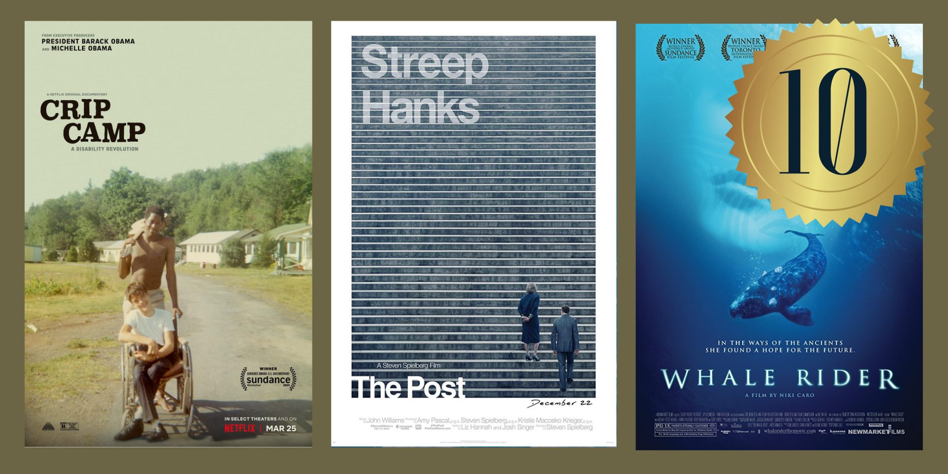 Movie posters for Crip Camp, The Post and Whale Rider