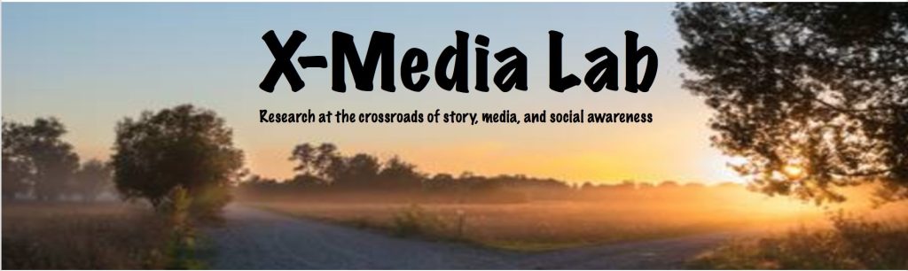 A golden sunset over a road crossing a tree-lined field. Text says: "Harvard X-Media Lab: Research at the crossroads of story, media and social awareness."