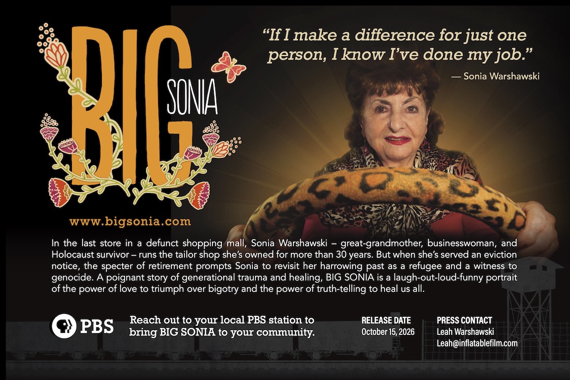 Big Sonia movie poster featuring Sonia, an older woman, behind a steering wheel covered in leopard print. The movie poster includes a brief synopsis of the film.