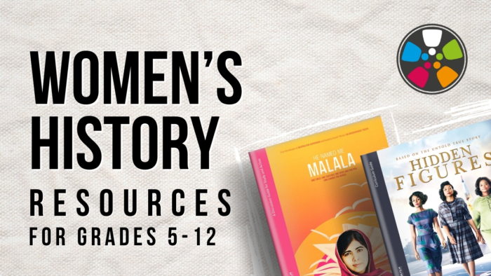 Text says: "Women's History Resources for Grades 5-12". On the right are Journeys in Film lessons for He Named Me Malala and Disney's Hidden Figures. The Journeys in Film logo is in the top right corner.