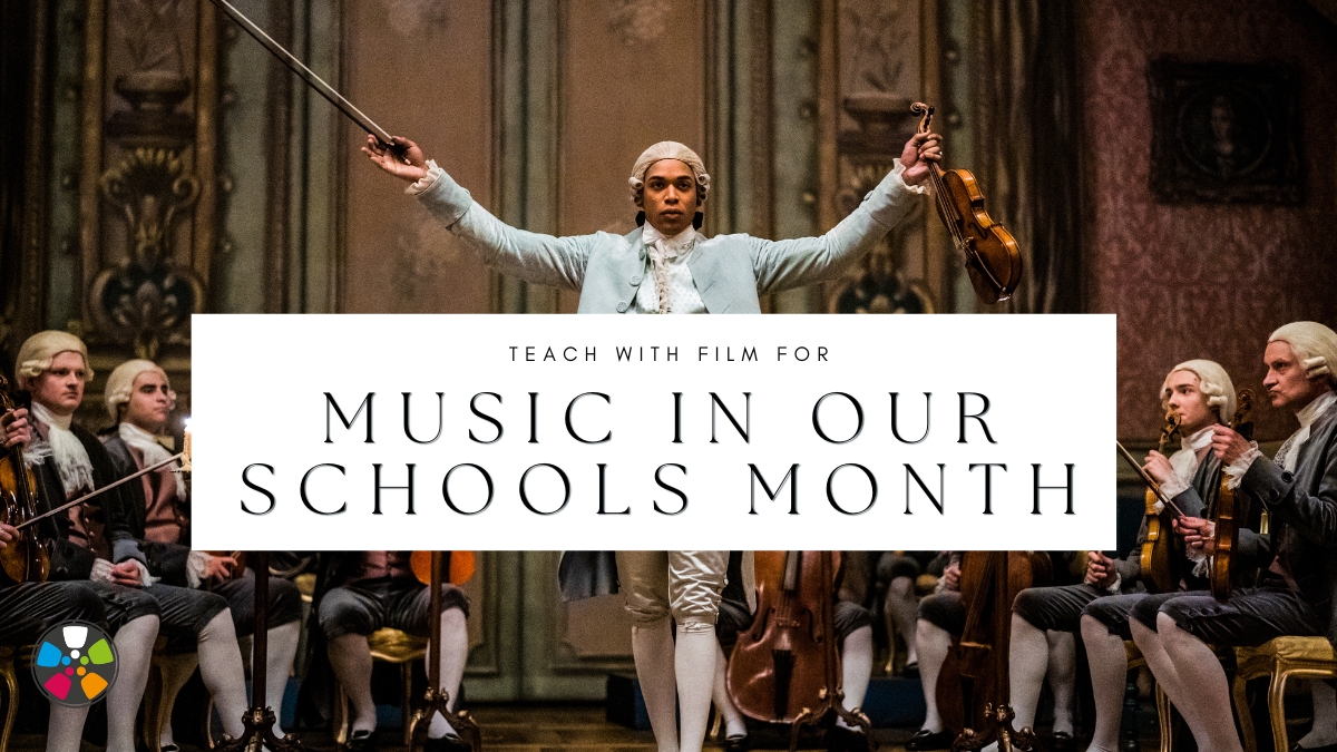 In a still photo from Disney's Chevalier, actor Kelvin Harrison Jr appears as the title character Joseph Bologne, Chevalier de Saint Georges. The attractive Black musician stands on stage in a triumph pose, arms outstretched, holding a bow and violin. He is surrounded by seated white musicians. Text says: "Teach with Film for Music In Our Schools Month".