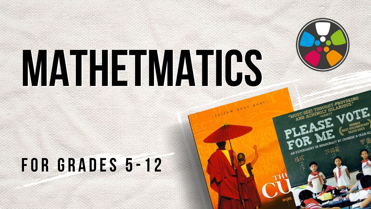 Text says: "Mathematics. Lessons for grades 6-12" On the right, there are film posters for The Cup and Please Vote for Me. The Journeys in Film logo is in the top right corner.