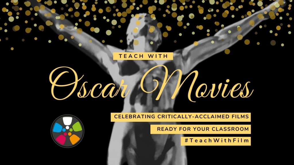 An awards-style statuette is posed with arms flung outwards in a gesture of triumph like a runner crossing a finish line. Gold confetti rains down from the op. Text says: "Teach with Oscar Winners. Celebrating Critically-Acclaimed Films Ready for Your Classroom. #TeachWithFilm