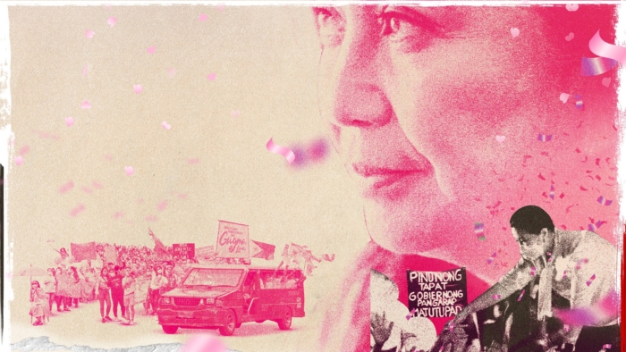 Landscape Poster: Film poster that is primarily white and pink with a pop of an image in black and white. A Filipino woman in profile is the central image on the page, but there are also vehicles and crowds.