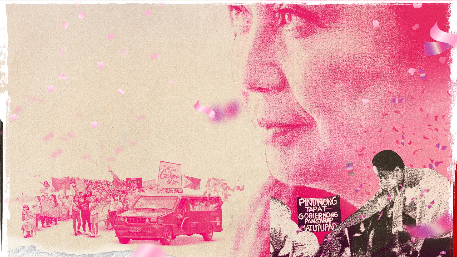 Landscape Poster: Film poster that is primarily white and pink with a pop of an image in black and white. A Filipino woman in profile is the central image on the page, but there are also vehicles and crowds.