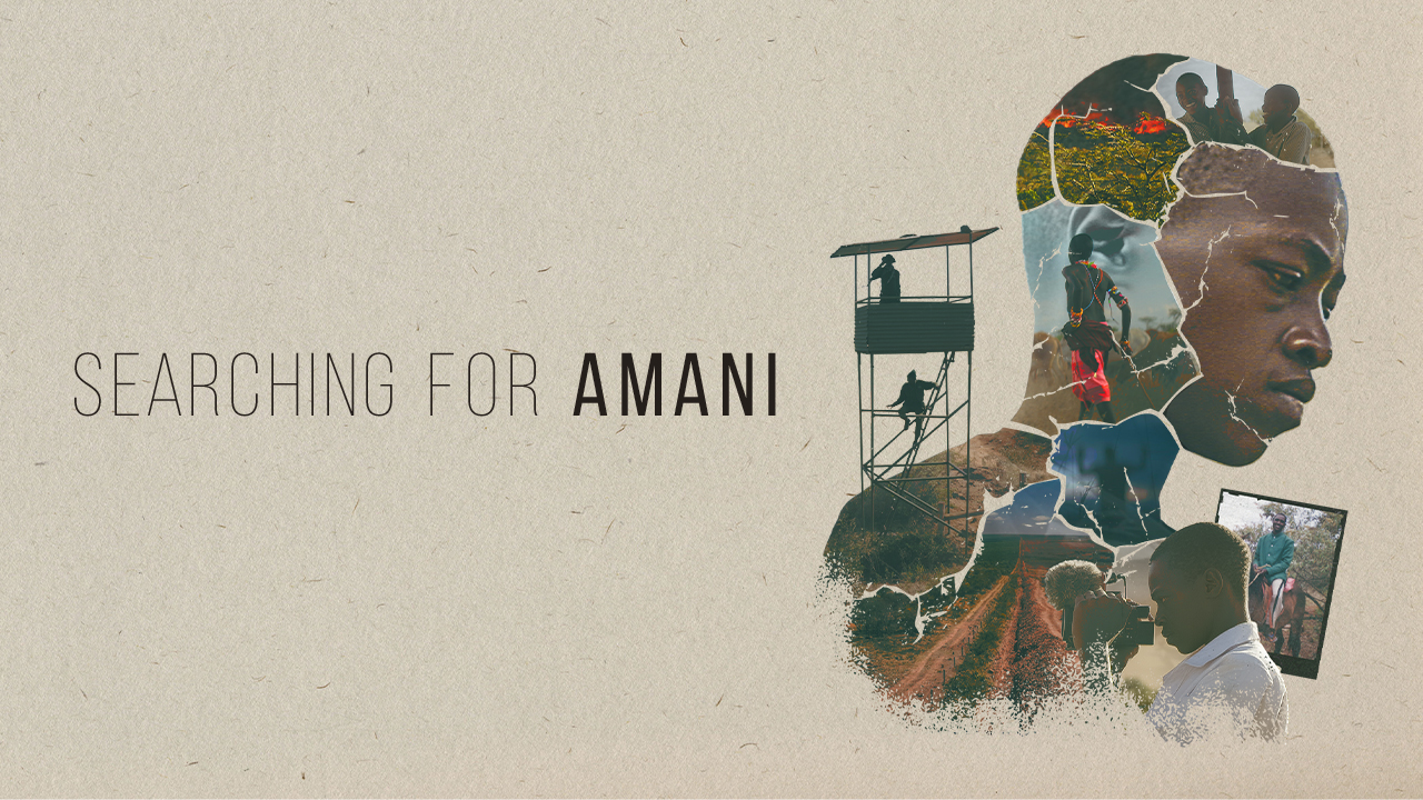 Movie poster for Searching for Amani. Film title is left of center. Slight right is Simon, a 13 year-old African boy in profile whose face is comprised of collage images that are other stills from the film including natural shots, Simon with a camera, Simon with his best friend.