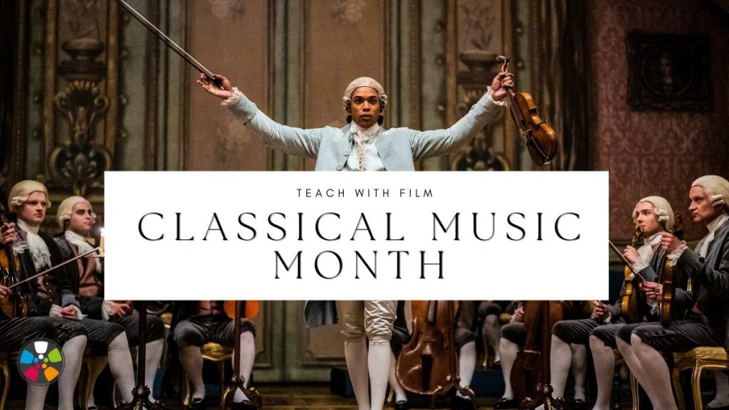September is Classical Music Month! In a still photo from Disney's Chevalier, actor Kelvin Harrison Jr appears as the title character Joseph Bologne, Chevalier de Saint Georges. The attractive Black musician stands on stage in a triumphant pose, arms outstretched, holding a bow and violin. He is surrounded by seated white musicians. Text says: "Classical Music Month: Teach With Film."