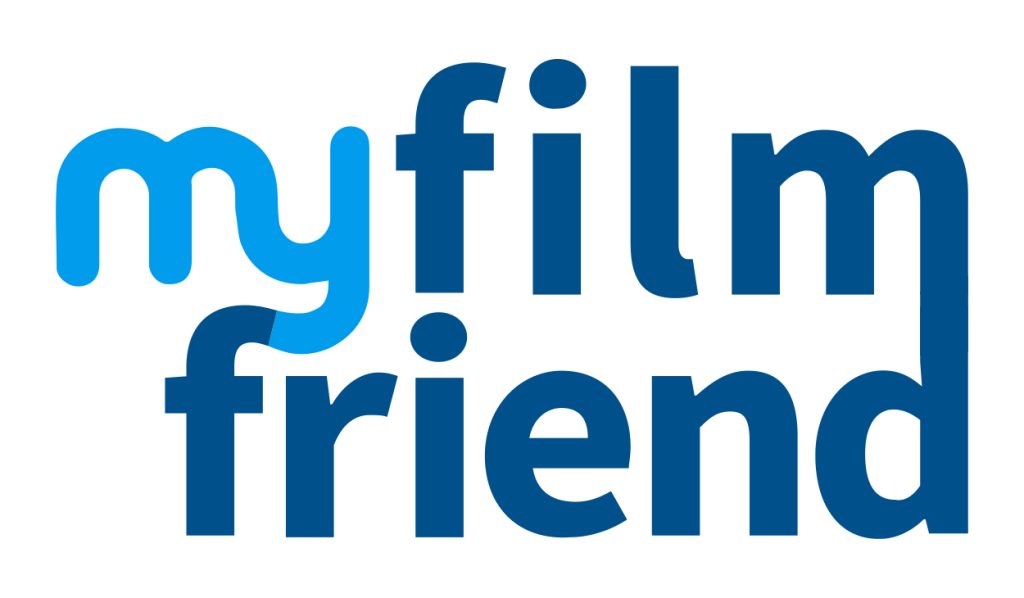 Over a white background, light and dark blue letters spell out "My Film Friend".