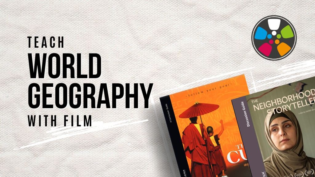 Text says: "Teach World Geography with Film." In the bottom right there are Journeys in Film guides for The Cup and The Neighborhood Storyteller. The Journeys logo is in the top right corner.
