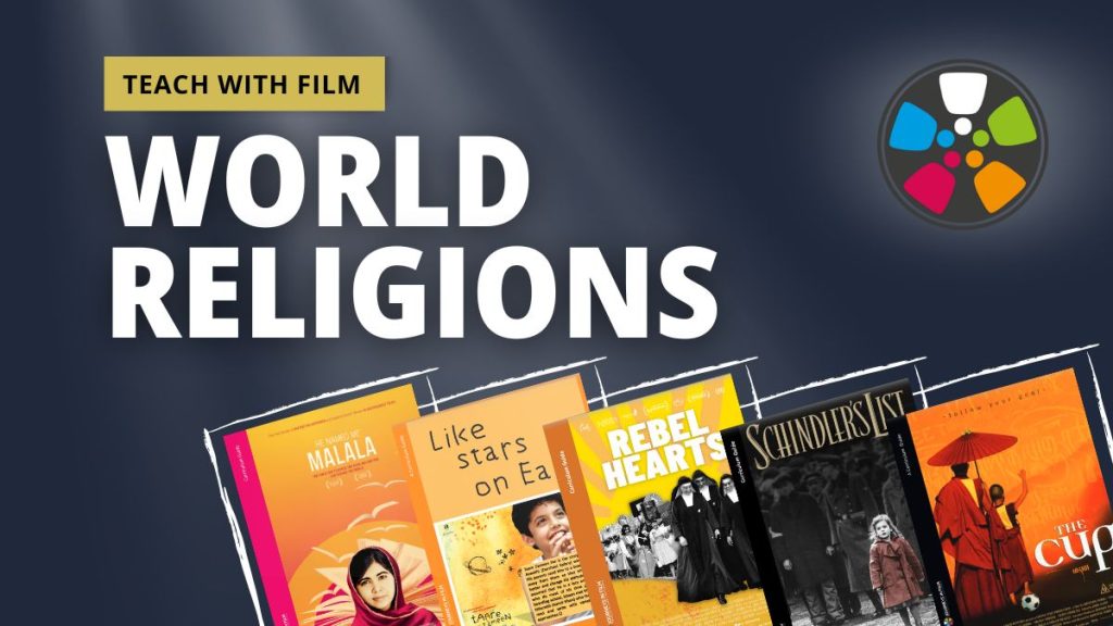 Text says: "World Religions: Teach with Film." AT the bottom there is a collage of Journeys in Film Guides to help you teach world religions with film: He Named Me Malala, Like Stars on Earth, Rebel Hearts, Schindler's List, and The Cup. The Journeys logo is in the top right corner.