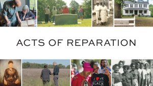 Promotional image for award-winning documentary film Acts of Reparation. The title appears in black letters over a white band across the middle of the image. The text is surround3ed by a colorful collage of images from the film.