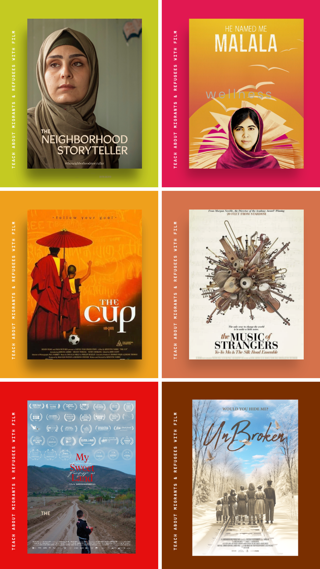 Grid image featuring film posters for The Neighborhood Storyteller, He Named Me Malala, The Cup, Music of Strangers, My Sweet Land, and UnBroken